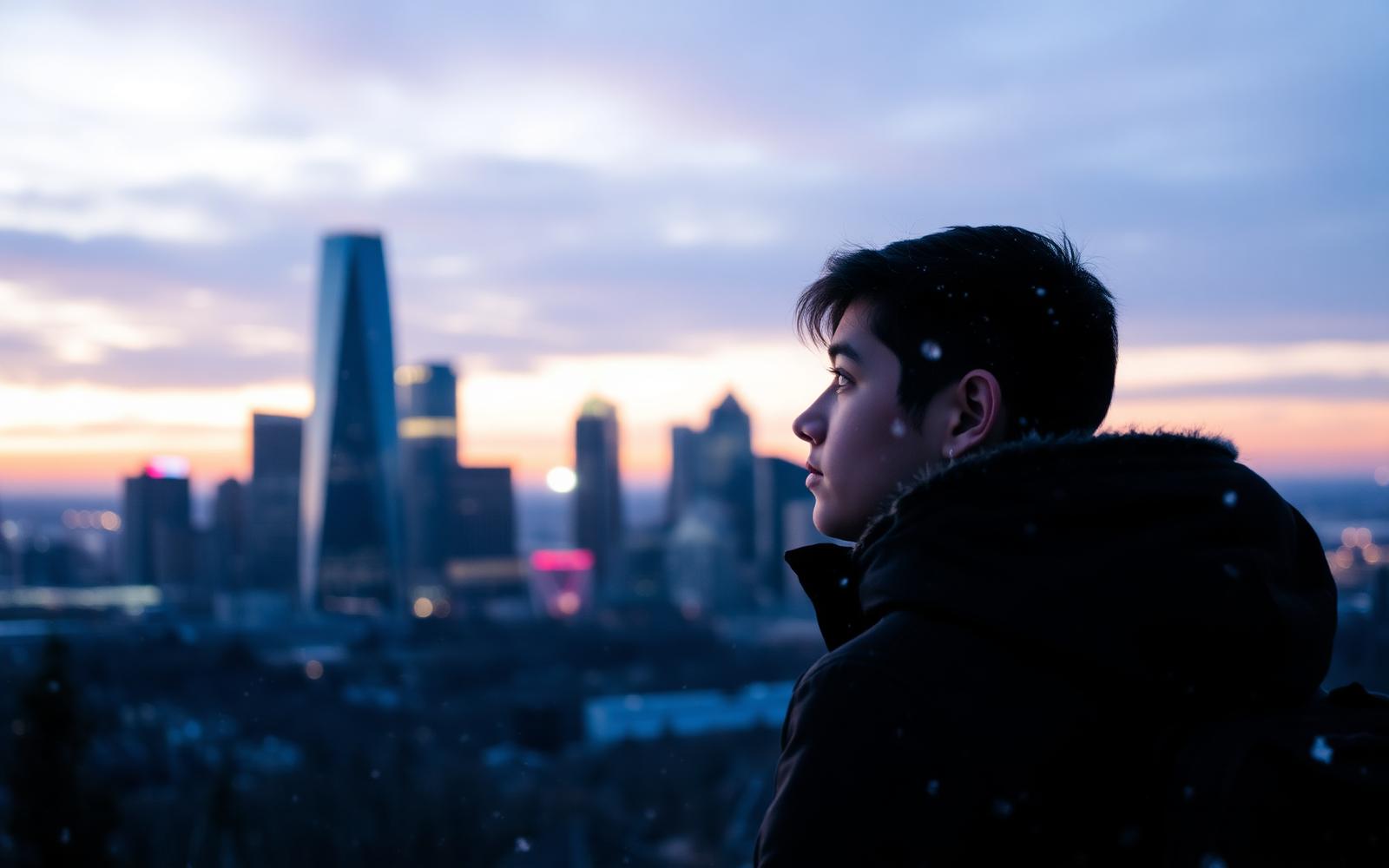 Estudante intercambista olhando para o horizonte canadense ao entardecer